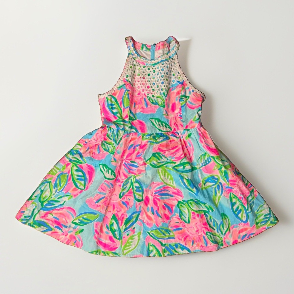 Lilly Pulitzer Girls Size 10 Floral Halter Fit & Flare Dress Pink Blue Green